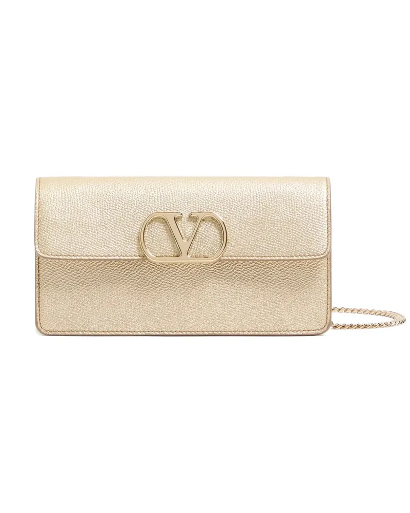 Valentino Garavani VLogo Signature Portemonnaie aus laminiertem, gekörntem Kalbsleder mit Kette - Gold Gold