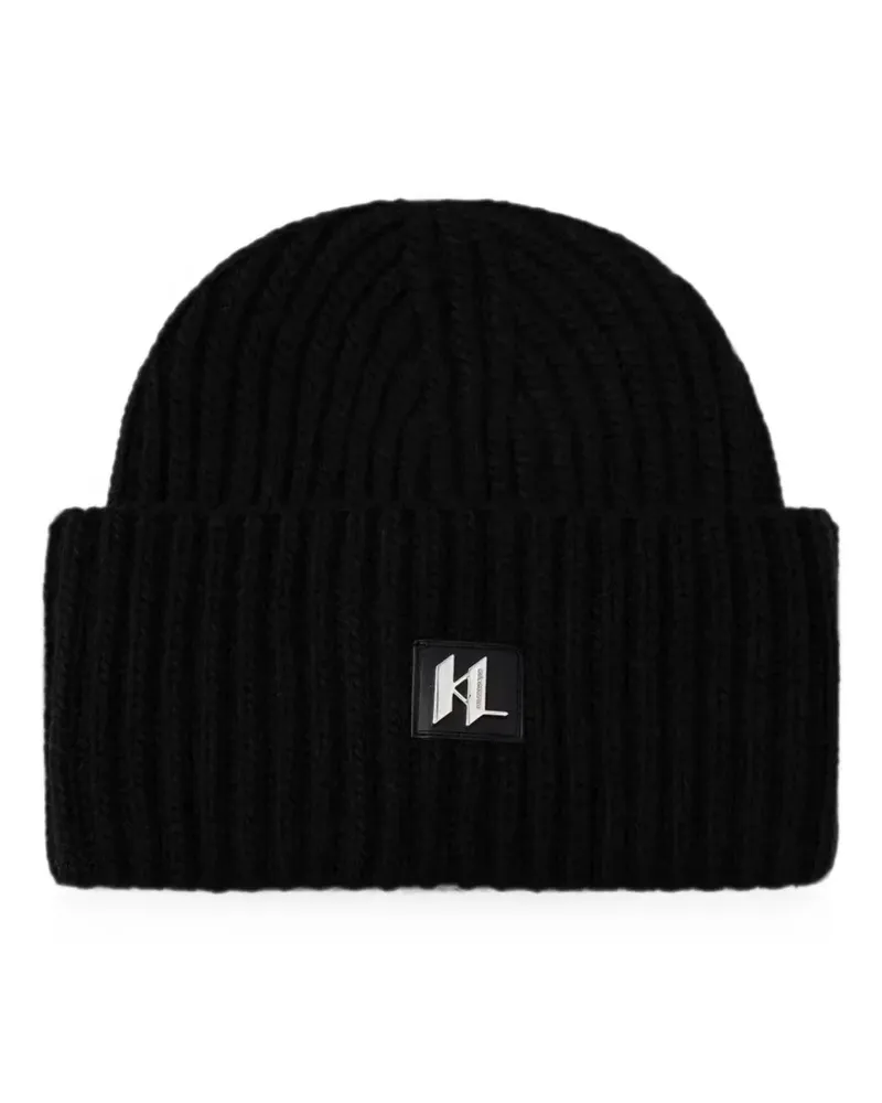 Karl Lagerfeld logo-plaque ribbed-knit beanie hat - Schwarz Schwarz