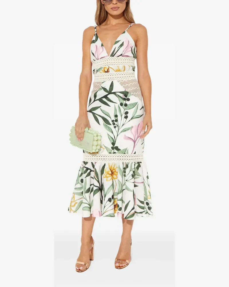 Pat Bo Jasmine Midikleid mit tropischem Print - Weiß Weiß
