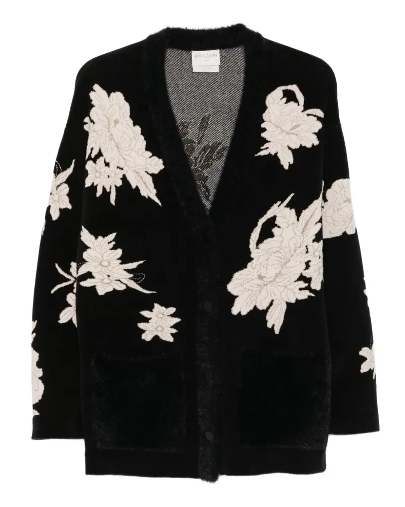 forte_forte Jacke im Cardigan-Style mit Blumenstickerei - Schwarz Schwarz