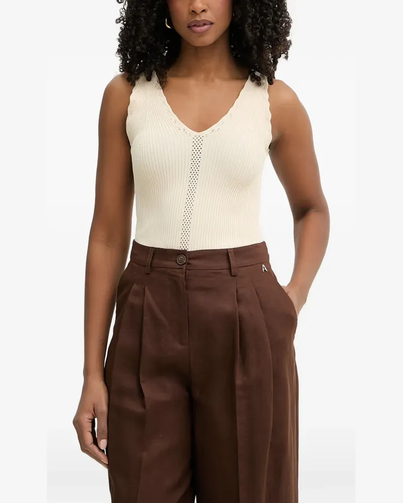 Twin-Set ribbed-knit pointelle-trim top - Nude Nude