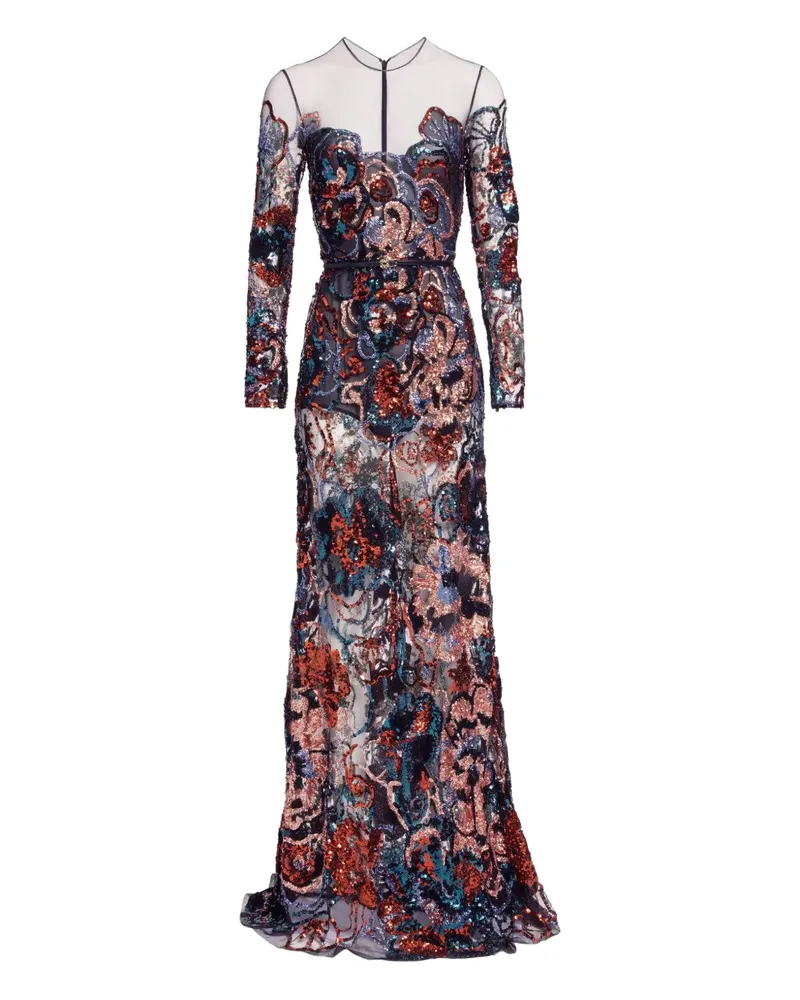 Elie Saab Maxikleid mit Blumenstickerein und Pailletten - Blau Blau