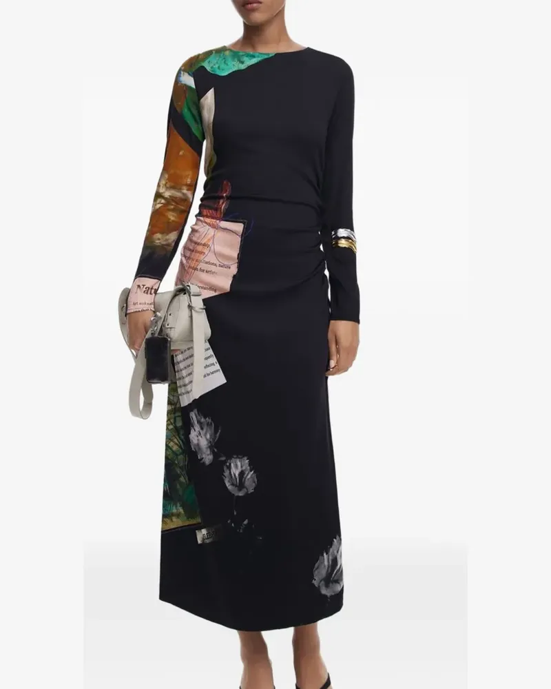 Desigual patchwork-print ruched midi dress - Schwarz Schwarz