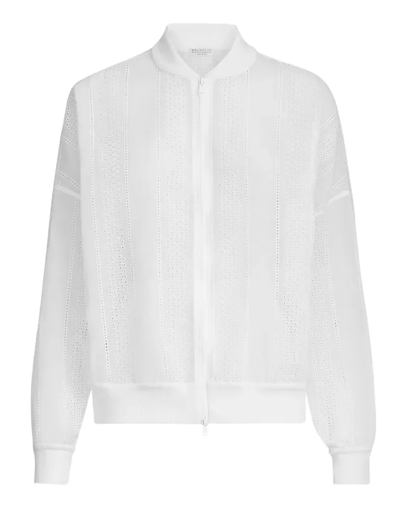 Brunello Cucinelli cotton organza broderie anglaise bomber jacket with zip and monili - Weiß Weiß