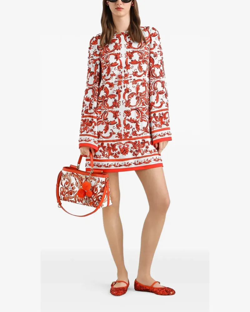 Dolce & Gabbana Charmeuse-Kleid mit Majolika-Print und Stickerei - Weiß Weiß