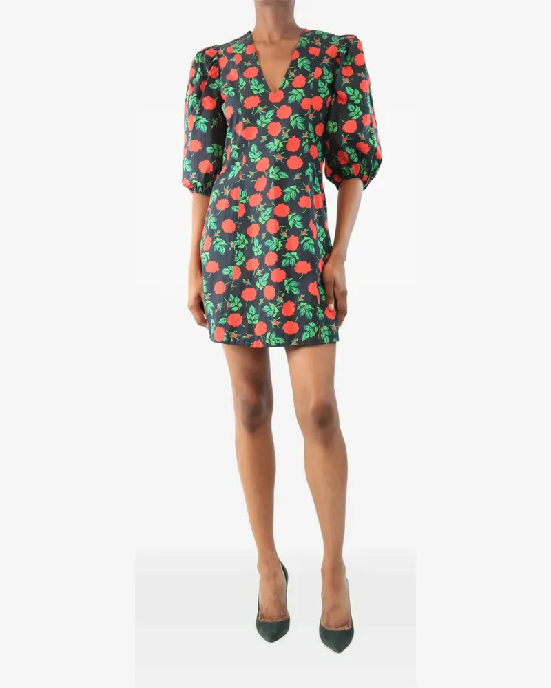 Ganni floral-print puff-sleeve mini dress - Schwarz Schwarz