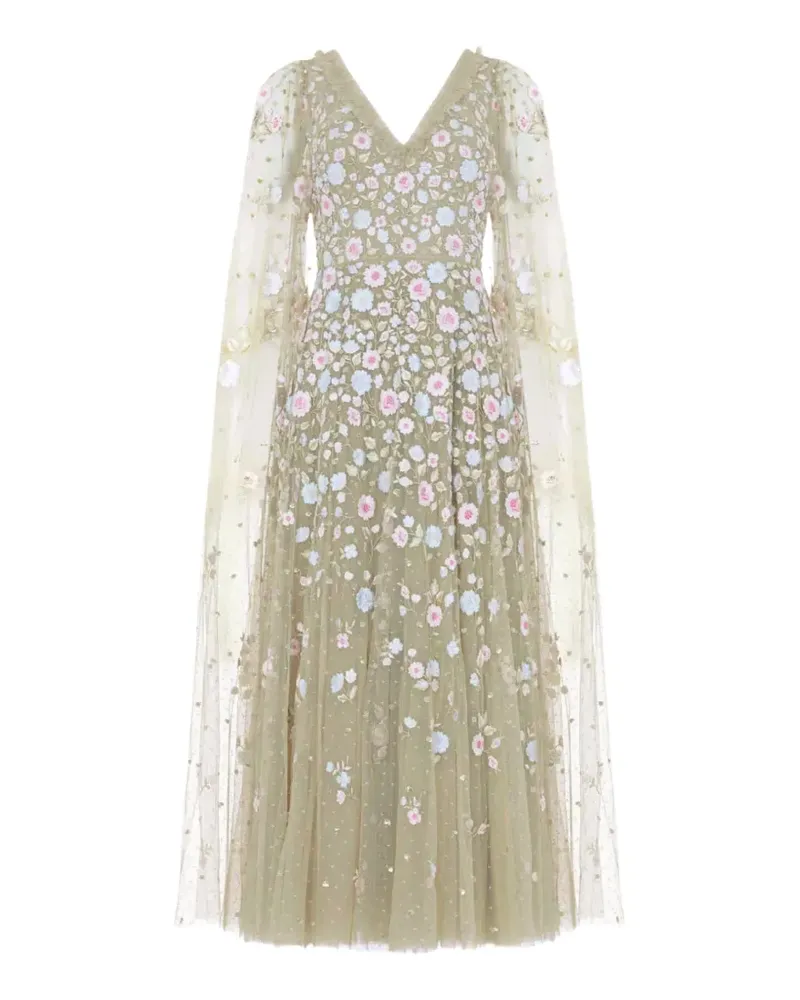 Needle & Thread Ethereal Blooms cape-sleeve floral-print gown maxi dress - Grün Grün