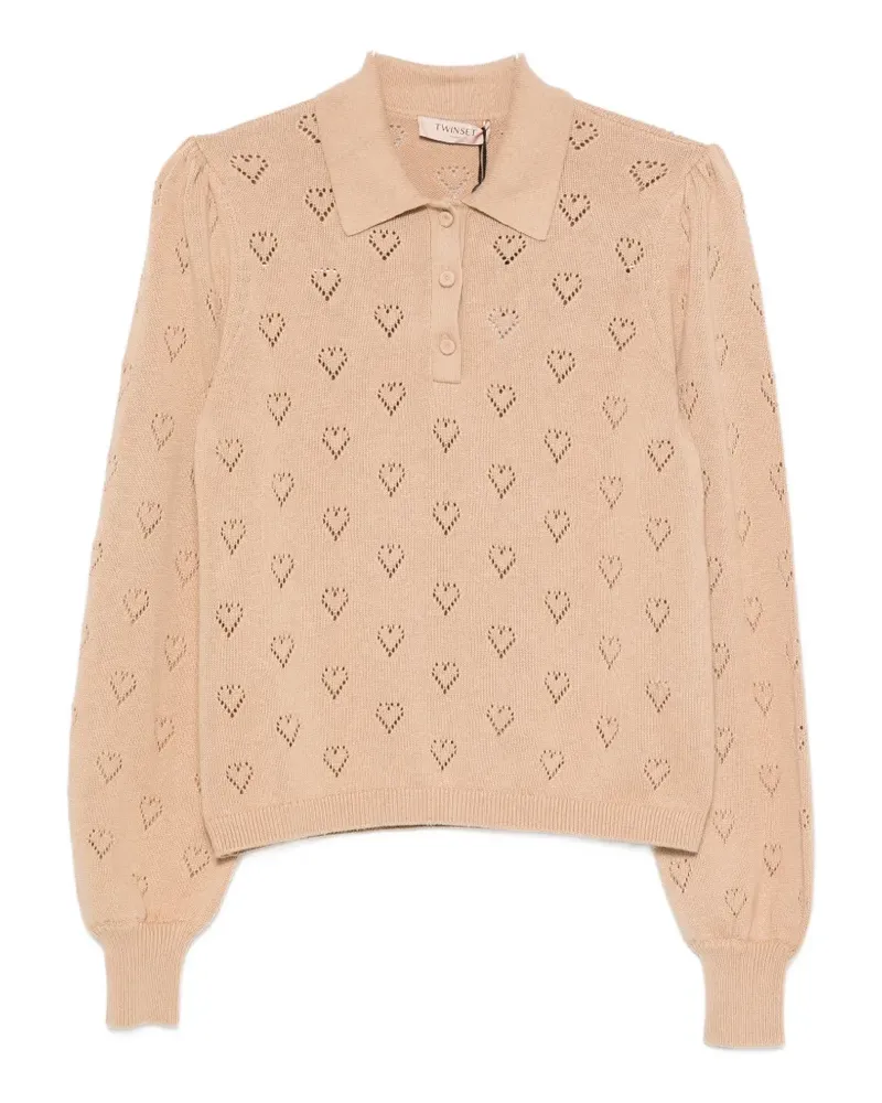 Twin-Set pointelle-knit buttoned polo shirt - Nude Nude