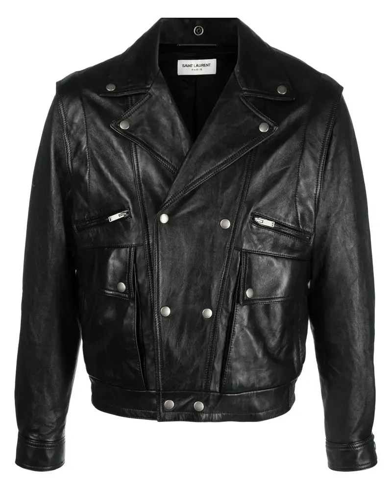 Saint Laurent Lederjacke mit Knitteroptik - Schwarz Schwarz