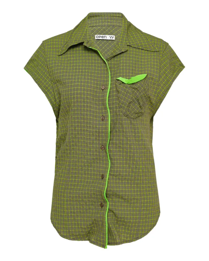 OPEN YY check-print cap-sleeve shirt - Grün Grün