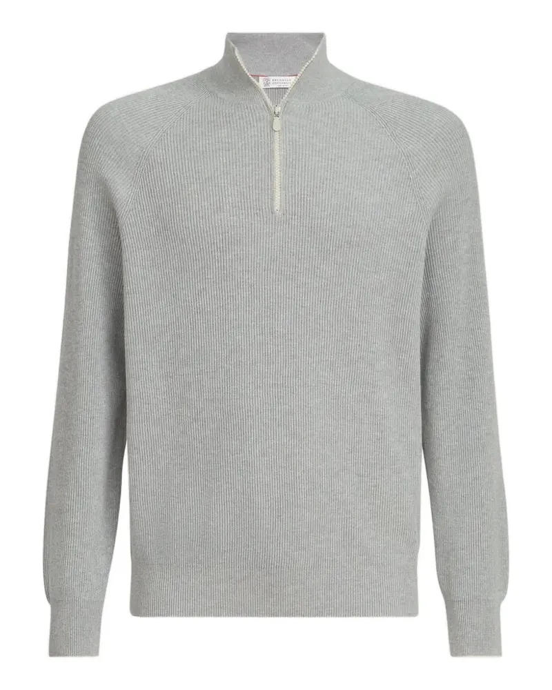 Brunello Cucinelli Baumwollpullover mit englischem Patentmuster, Half-Zip und Raglanärmeln - Grau Grau