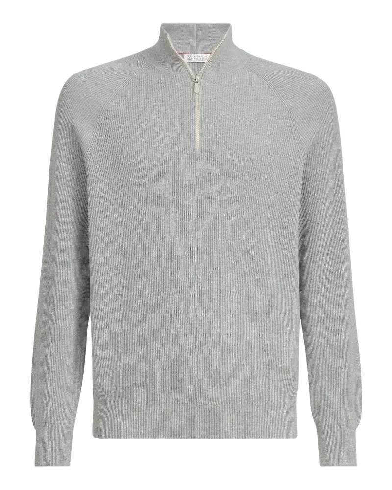 Brunello Cucinelli Baumwollpullover mit englischem Patentmuster, Half-Zip und Raglanärmeln - Grau Grau