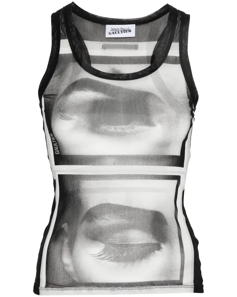 Jean Paul Gaultier Mesh-Oberteil mit Gesicht-Print - Schwarz Schwarz