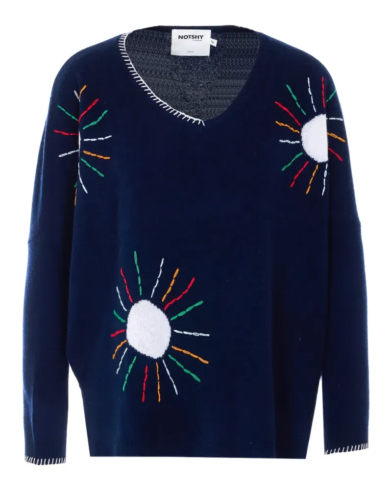 Not Shy Bestickter Kaschmirpullover mit V-Ausschnitt - Blau Blau