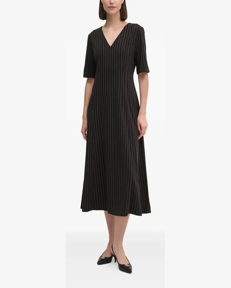 DKNY Gestreiftes Midikleid mit V-Ausschnitt - Schwarz Schwarz