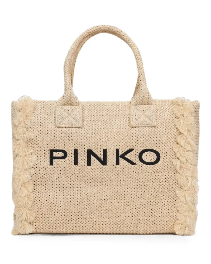 Pinko logo-embroidered fringed tote bag - Nude Nude