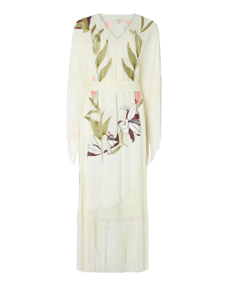 Temperley London Madeline floral-embroidered fringed kaftan - Nude Nude