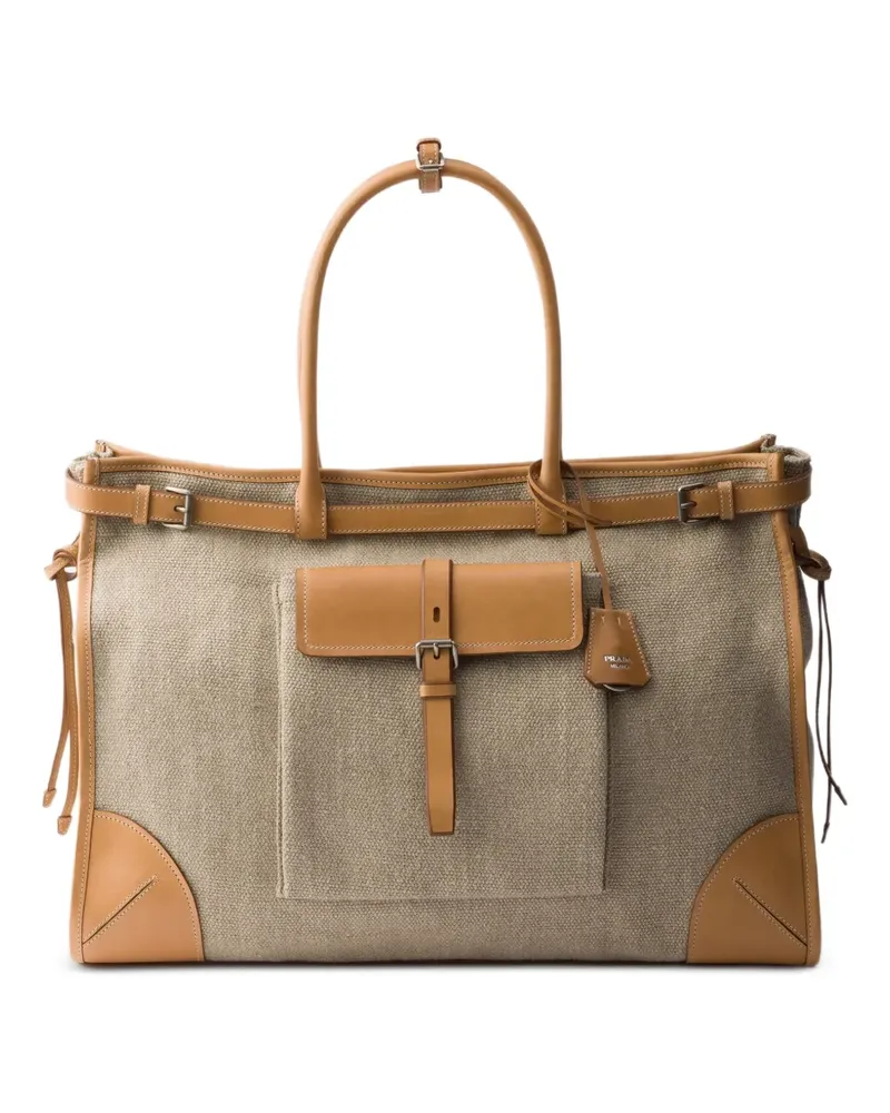 Prada Bonnie linen and leather tote bag - Nude Nude