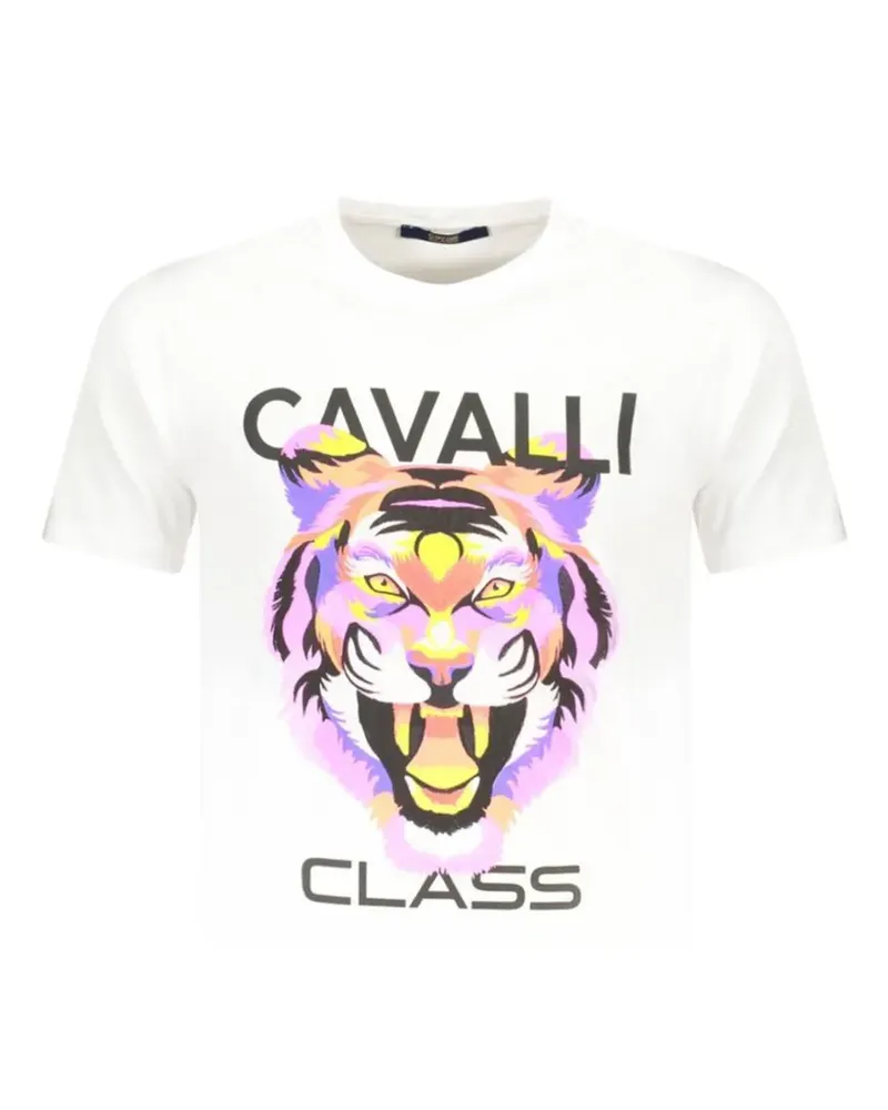 Roberto Cavalli tiger-print logo-print T-shirt - Weiß Weiß