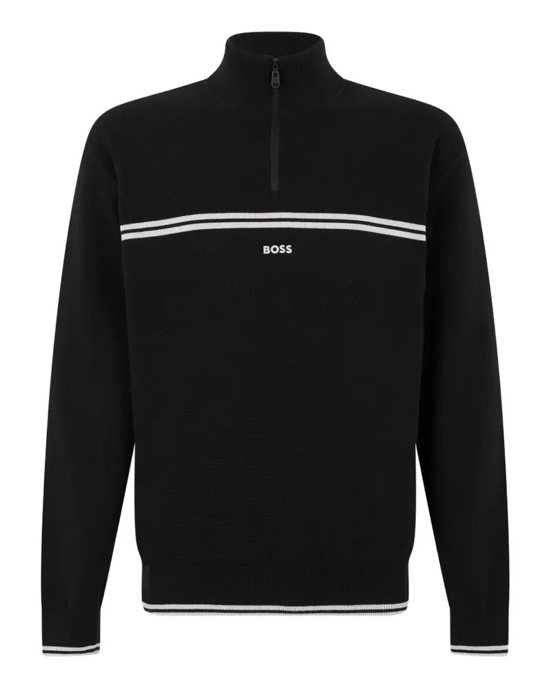HUGO BOSS Pullover mit Viertelreißverschluss und gestreiftem Besatz - Schwarz Schwarz