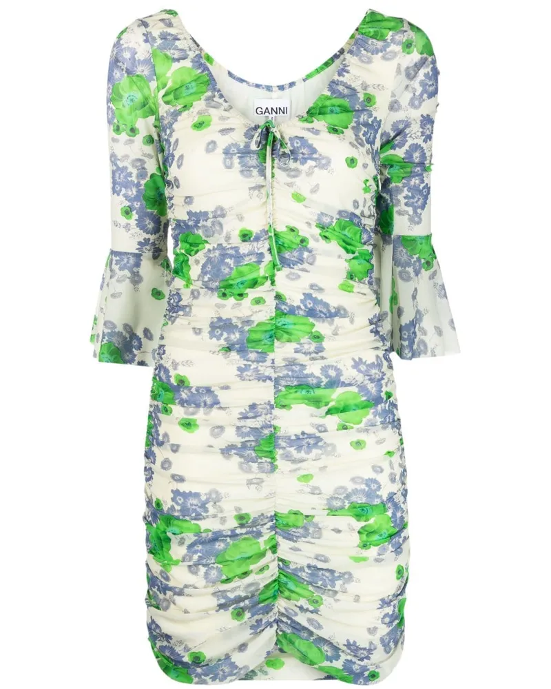 Ganni Gerafftes Minikleid mit Blumen-Print - Nude Nude