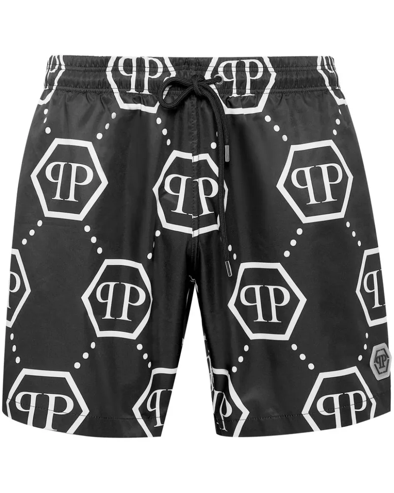 Philipp Plein Badeshorts mit Monogrammmuster - Schwarz Schwarz