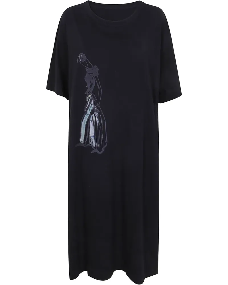 Yohji Yamamoto Midikleid mit grafischem Print - Schwarz Schwarz