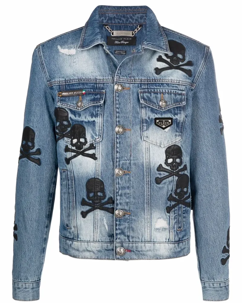 Philipp Plein Jeansjacke mit Totenkopf-Patch - Blau Blau