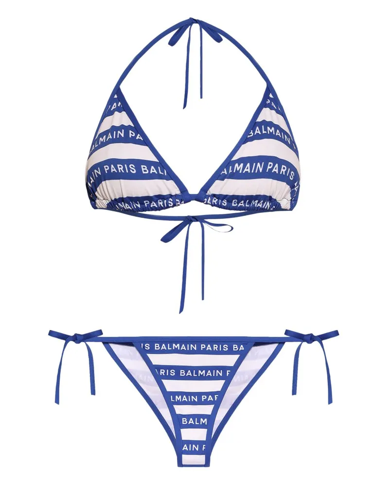 Balmain Gestreifter Bikini mit Logo-Print - Blau Blau
