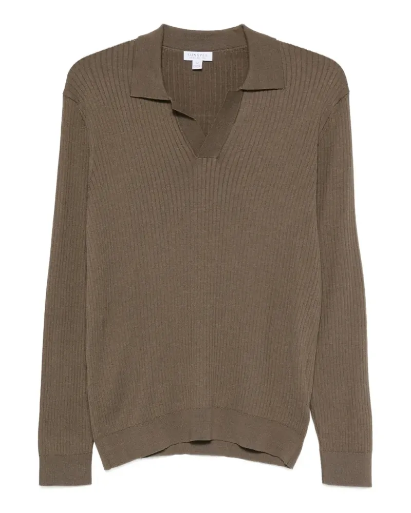 Sunspel ribbed-knit long-sleeve polo shirt - Braun Braun