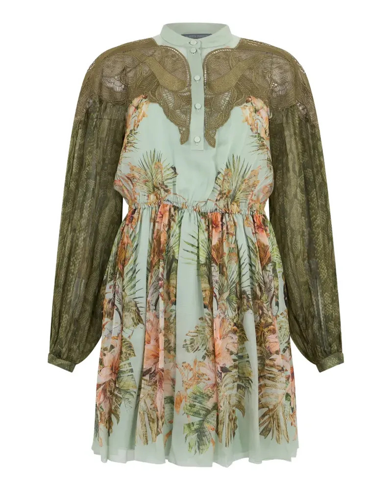 Alberta Ferretti lace-trimmed floral-print mini dress - Grün Grün