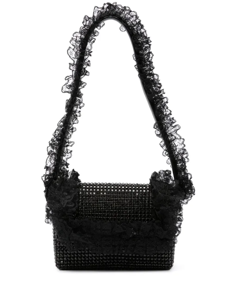 Self-Portrait Kristallverzierte Schultertasche mit Spitzendetail - Schwarz Schwarz