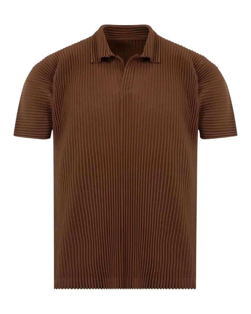 Issey Miyake pleated-design polo-collar T-shirt - Braun Braun