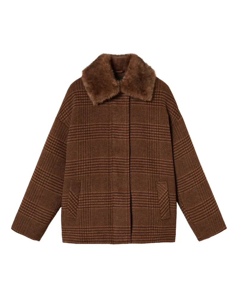 Twin-Set wool cloth check caban coat with faux fur - Braun Braun