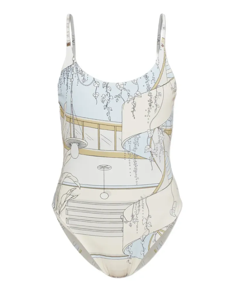 Tory Burch graphic-print scoop-neck swimsuit - Nude Nude
