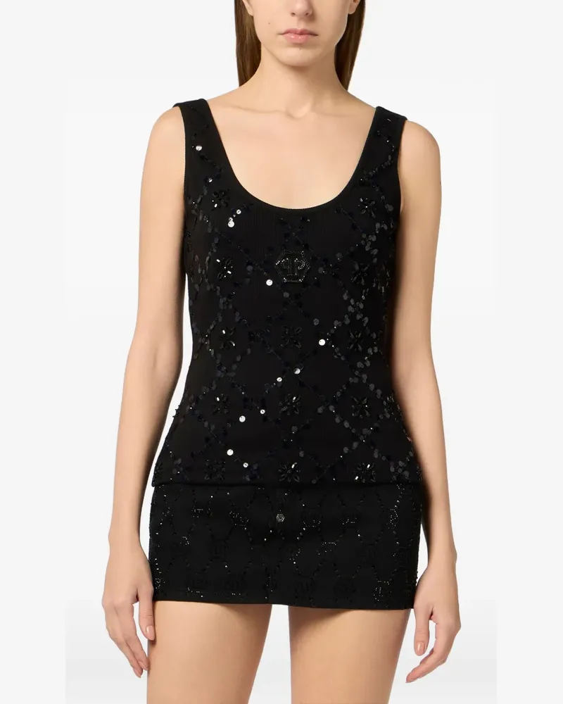 Philipp Plein Rhombus Flower Strass Tanktop - Schwarz Schwarz