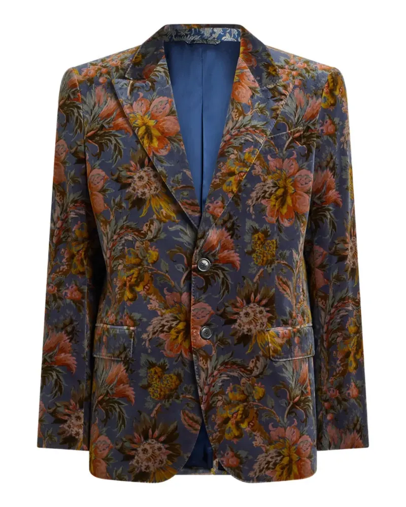 Etro single-breasted jacket in stretch cotton velvet with floral motif - Blau Blau