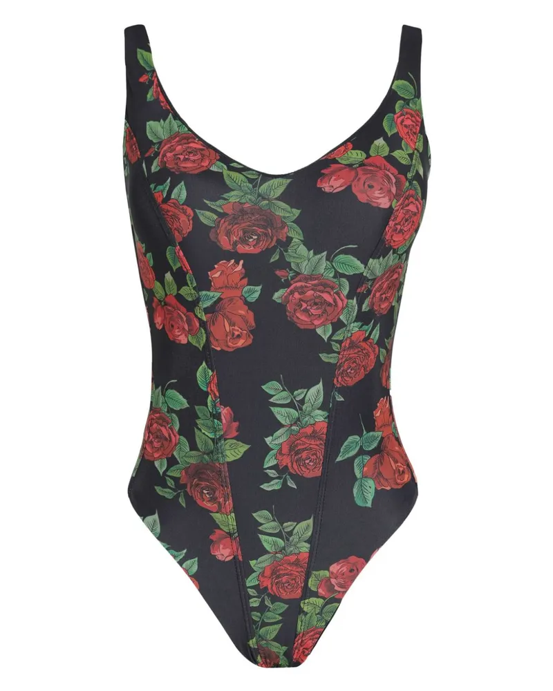 Amir Slama Badeanzug mit Rosen-Print - Schwarz Schwarz