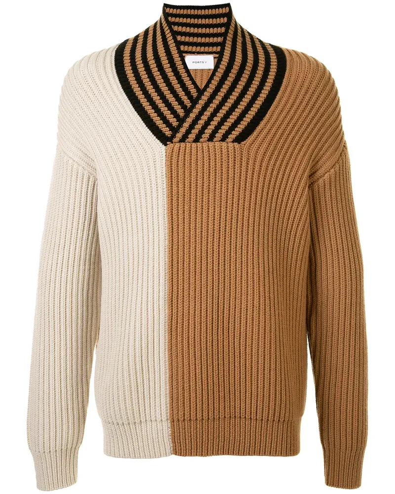 Ports V Pullover in Colour-Block-Optik - Weiß Weiß