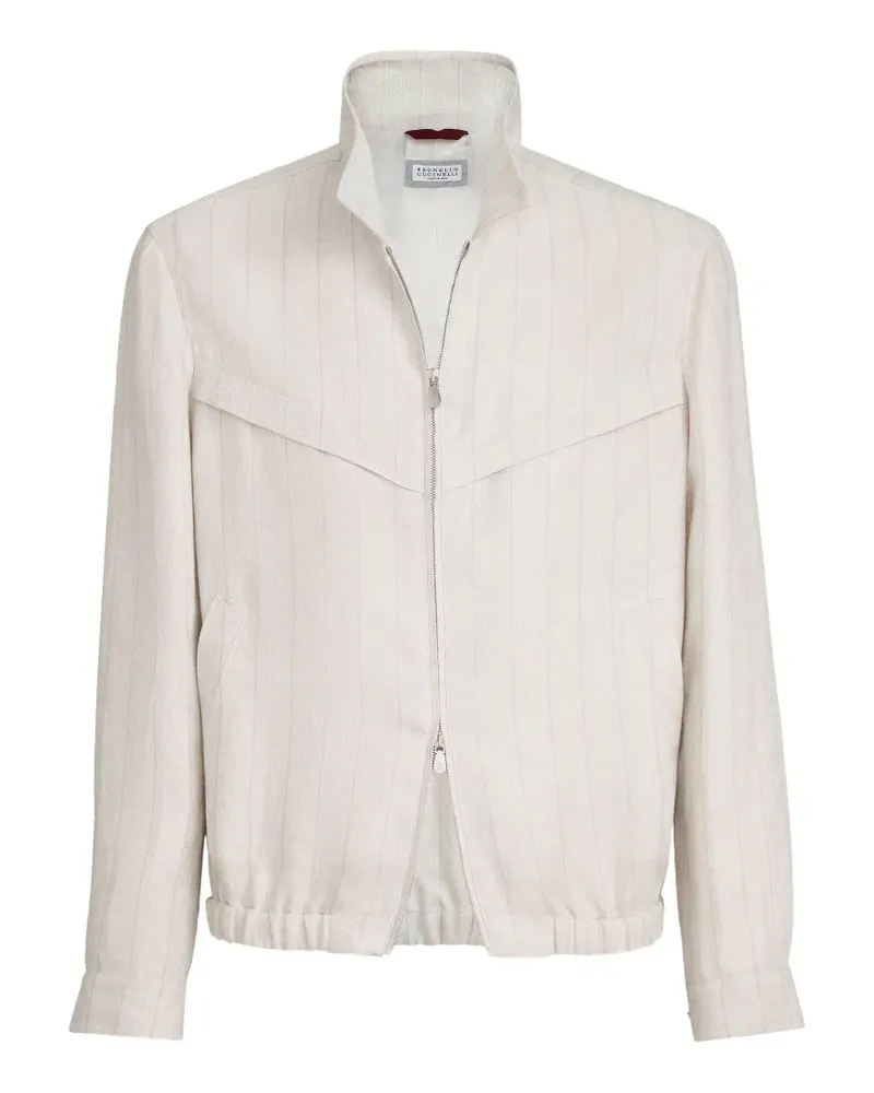 Brunello Cucinelli Outdoor-Jacke aus Leinen mit Kreidestreifen und Fischgrätmuster - Nude Nude