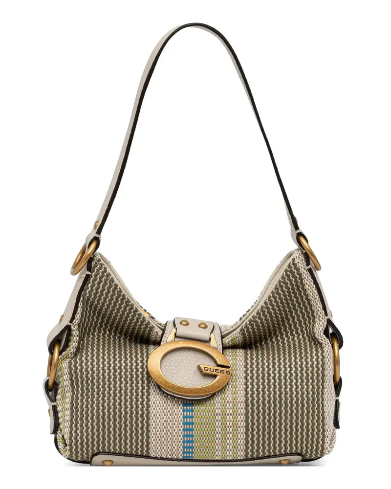 Guess Gestreifte Schultertasche mit Logo-Schild - Grün Grün