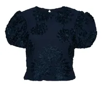 Puffärmel-Oberteil mit Blumenverzierung - Blau