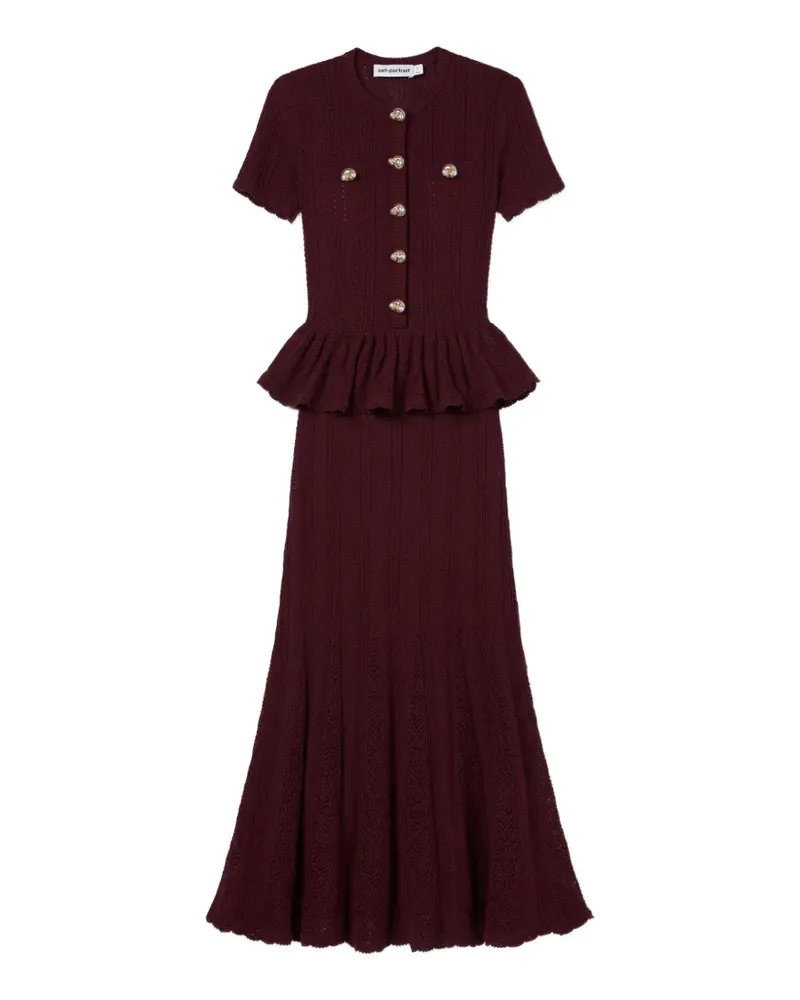 Self-Portrait burgundy pointelle peplum knit midi dress - Rot Rot