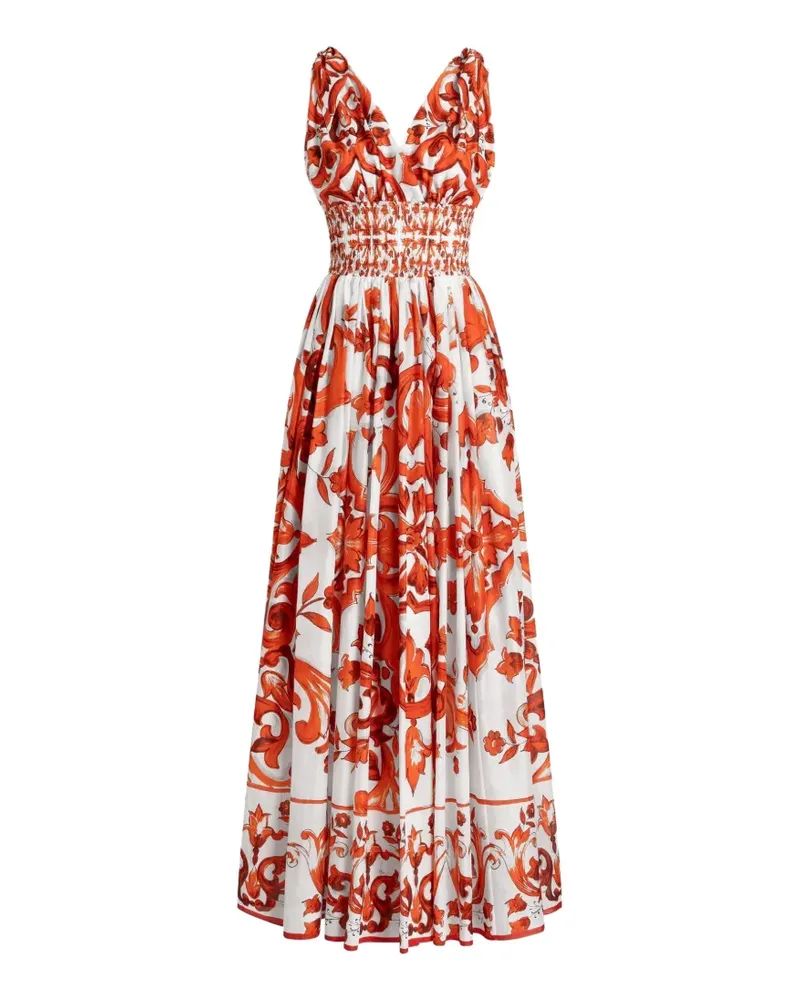 Dolce & Gabbana Langes Kaftan-Kleid mit Majolica-Print - Weiß Weiß