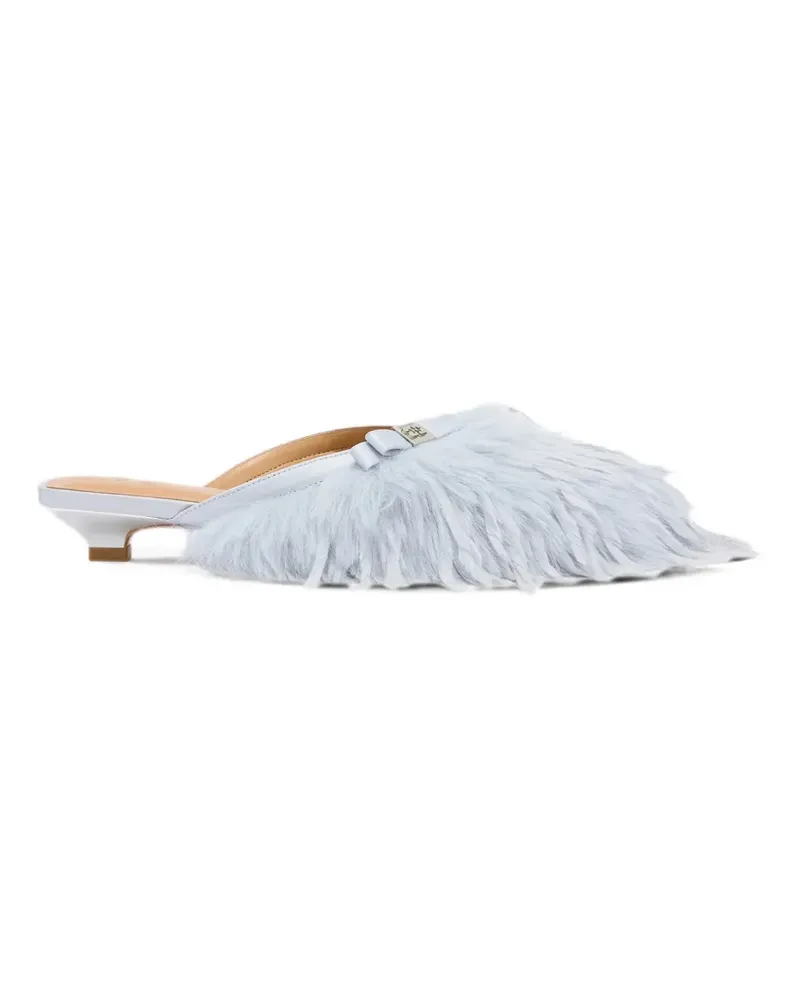 Ganni Sue Kitten Heel Mules aus blauem Straußenleder Blau