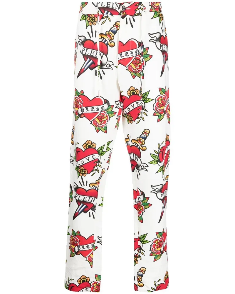 Philipp Plein Leinenhose mit Herz-Print - Weiß Weiß