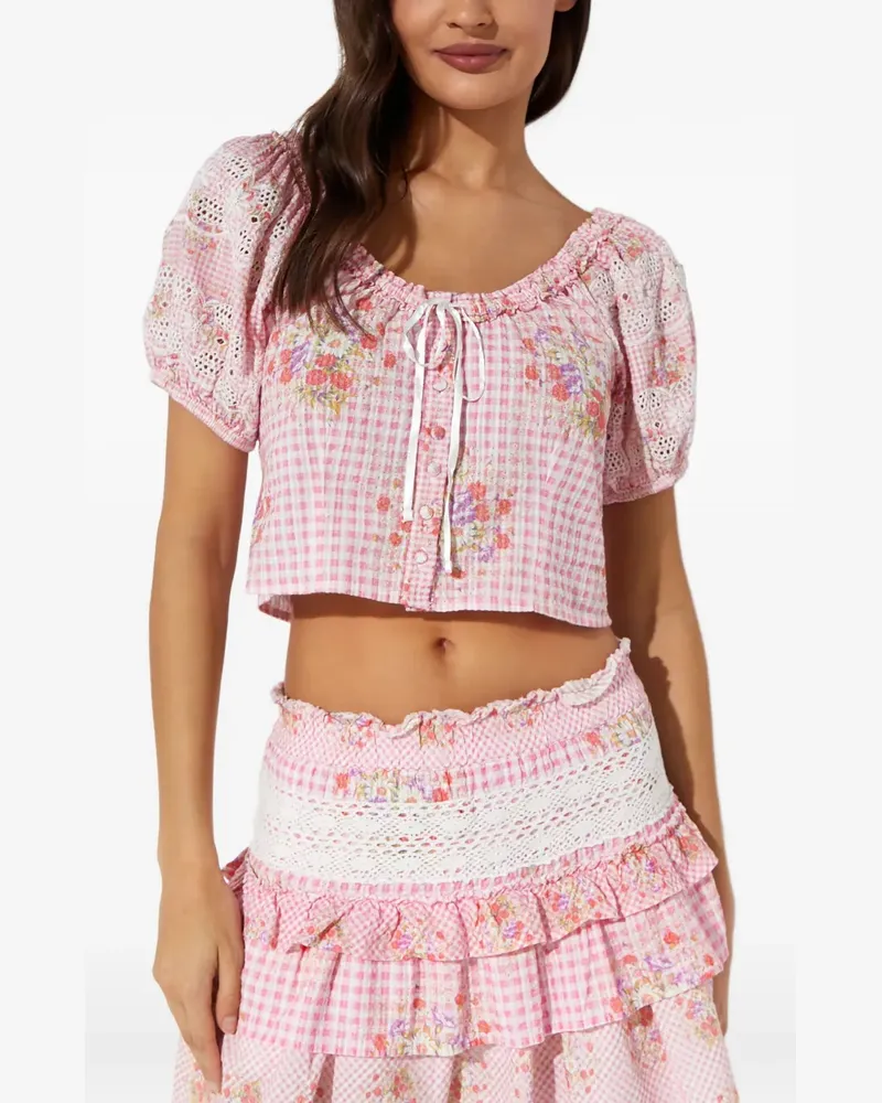LoveShackFancy checked-pattern flower-embellishment blouse - Rosa Rosa