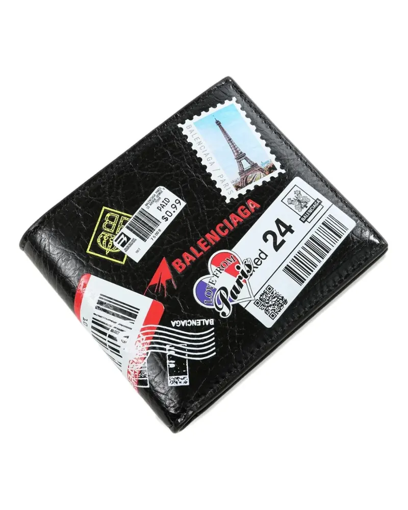 Balenciaga sticker-print crinkled leather wallet - Schwarz Schwarz