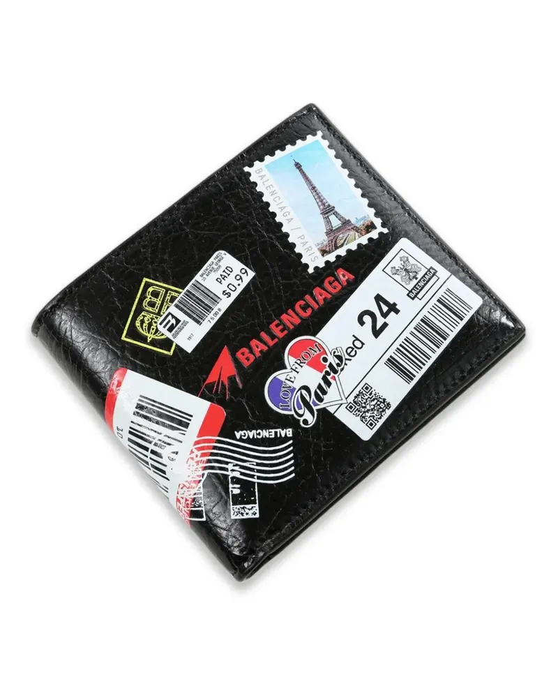 Balenciaga sticker-print crinkled leather wallet - Schwarz Schwarz