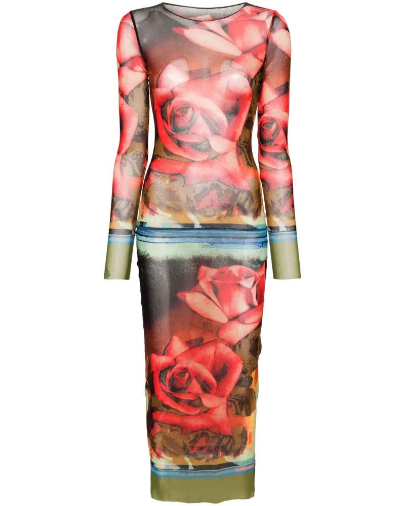 Jean Paul Gaultier Midikleid mit Rosen-Print - Grün Grün